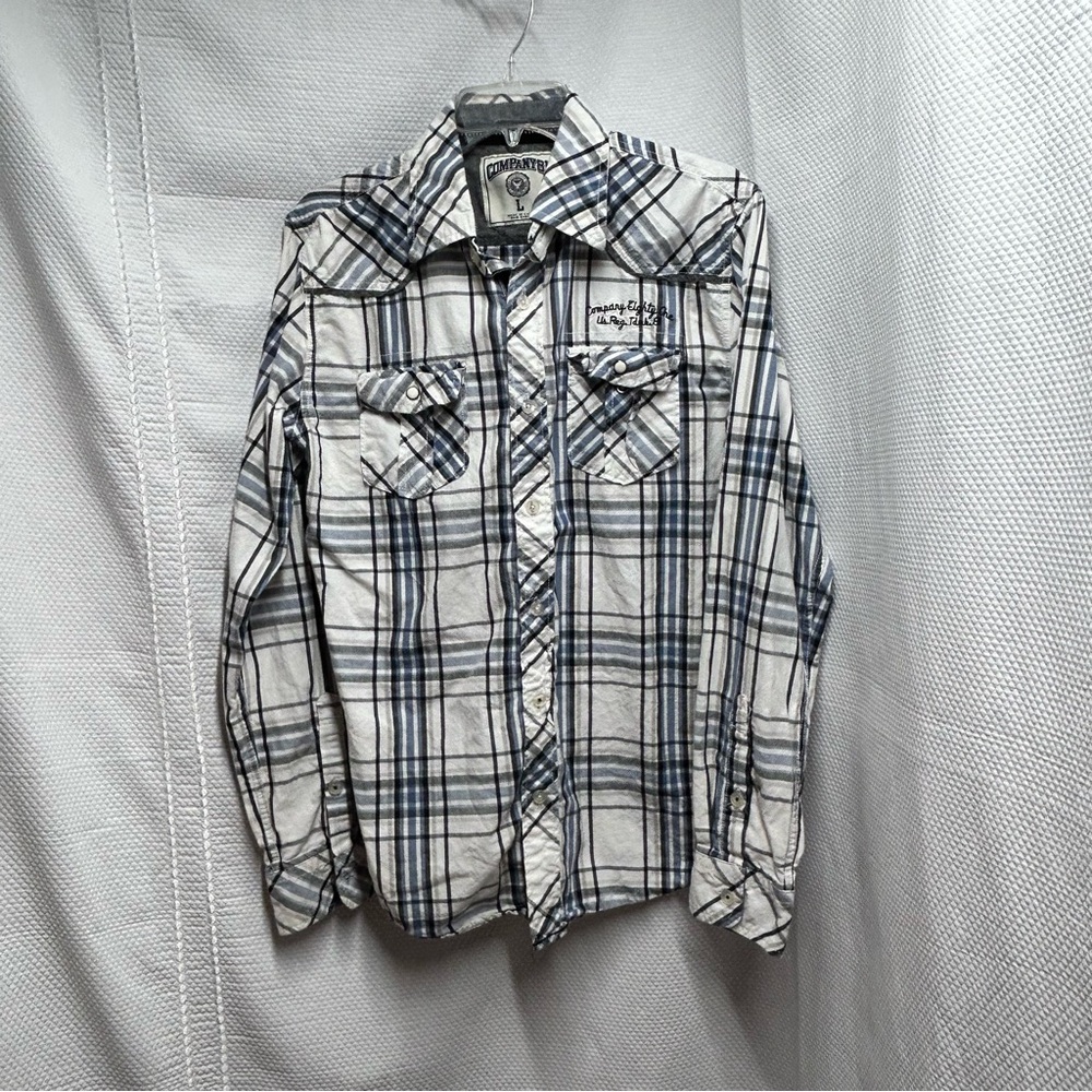 American Fighter Men's Blue Plaid Casual Button Down Shirt Embroidered logo